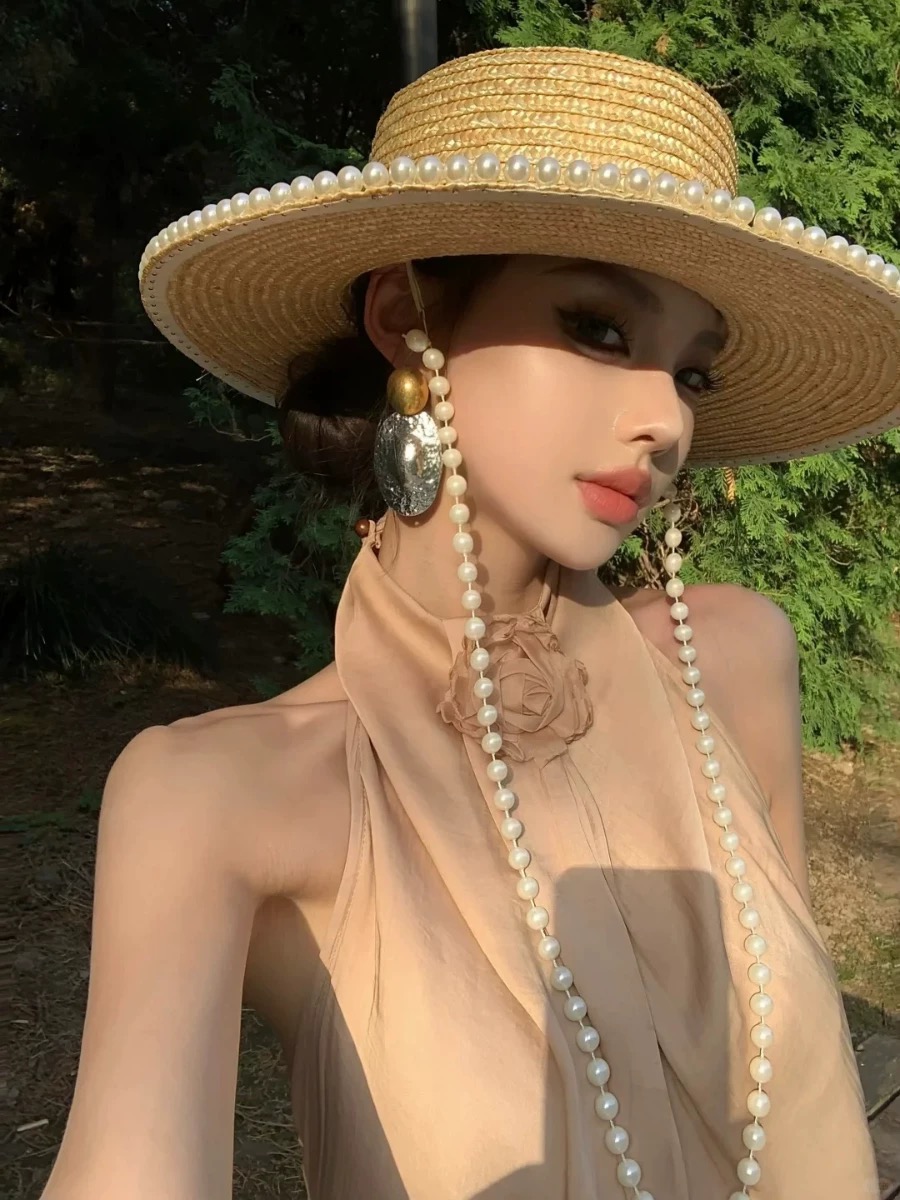 Cowboy Hat Straw - جديد الصيف موضة اللؤلؤ سلسلة القش