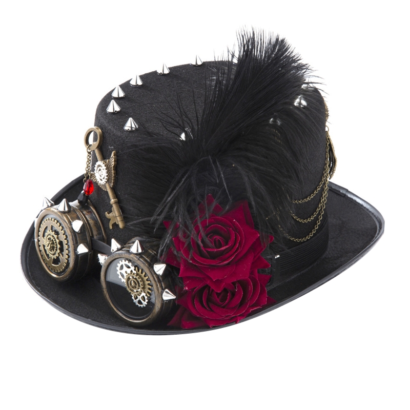 Fedora Hat Wool - Y166 قبعة Steampunk عتيقة مع نظارات