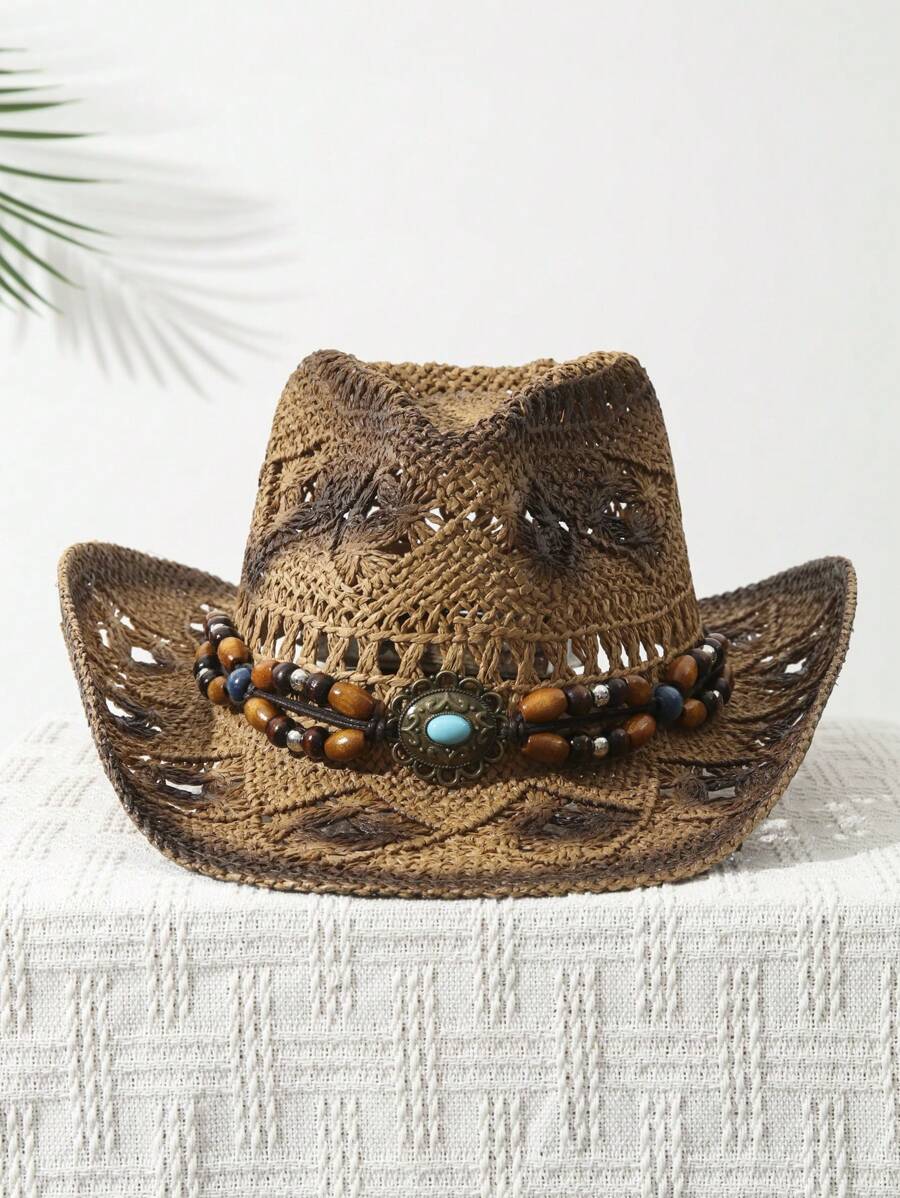 Cowboy Hat Straw - قبعة كاوبوي للجنسين بحافة عريضة مزينة