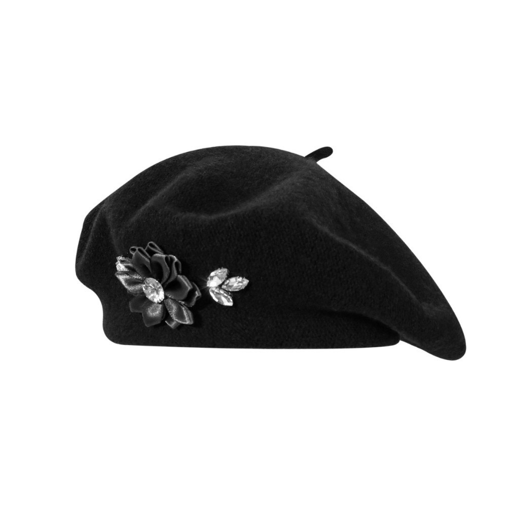 Beret French Wool - قبعة بيريه صوفية بلون واحد مزينة